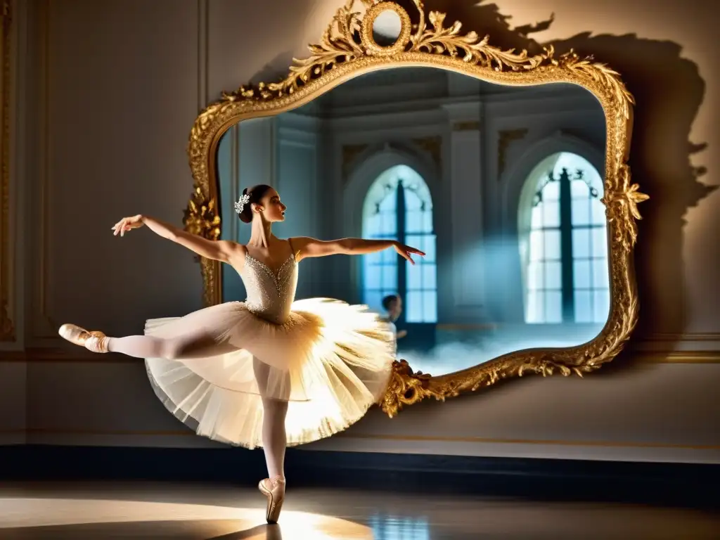 Una bailarina de ballet ejecuta un grand jeté frente a un espejo con detalles del vestuario capturando el significado cultural del vestuario de danza