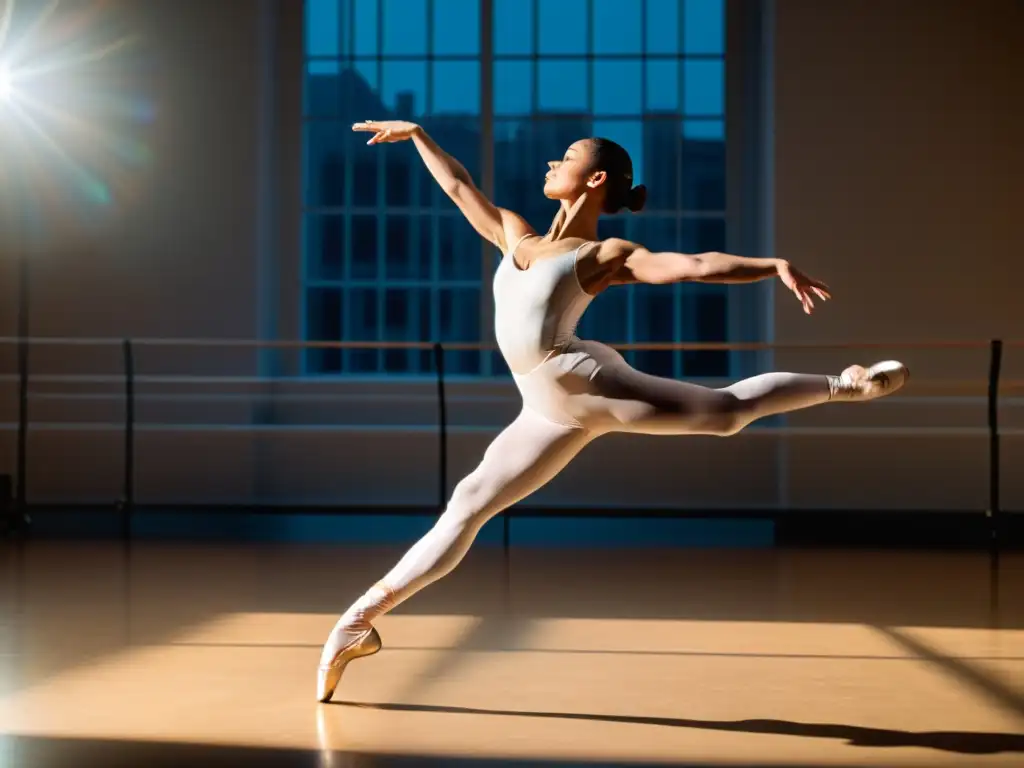 Una bailarina de ballet realiza un grand jeté con gracia en un estudio soleado, exudando fuerza y elegancia, significado cultural danza tradicional