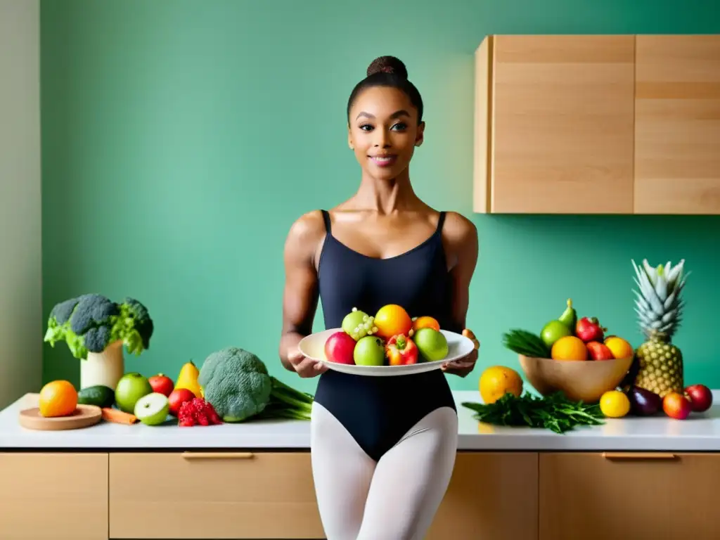 Una bailarina de ballet sostiene con gracia un plato repleto de ingredientes coloridos y saludables en una cocina luminosa