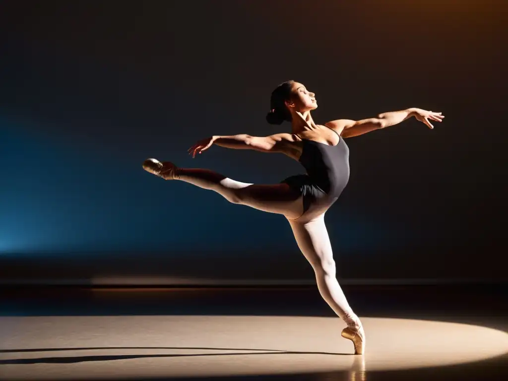 Una bailarina de ballet extiende graciosamente su pierna en un grand battement, iluminada por la suave luz del estudio