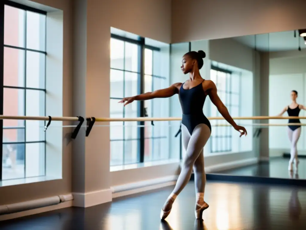 Una bailarina de ballet fortalece sus pies y tobillos con gracia en un estudio luminoso