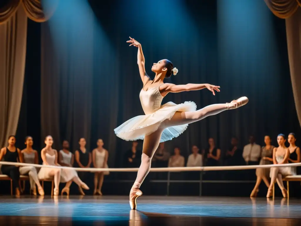 Una bailarina de ballet ejecuta un grand jeté en avant, resaltada por el foco y su traje de seda vegana