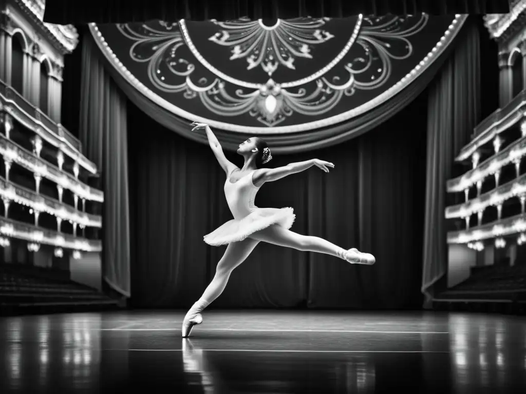 Una bailarina de ballet en salto, con un elegante traje congelado en el aire, en un teatro ornamentado