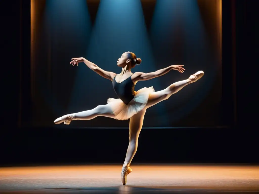 Una bailarina de ballet en un salto grácil, destacando la belleza y fuerza de su movimiento