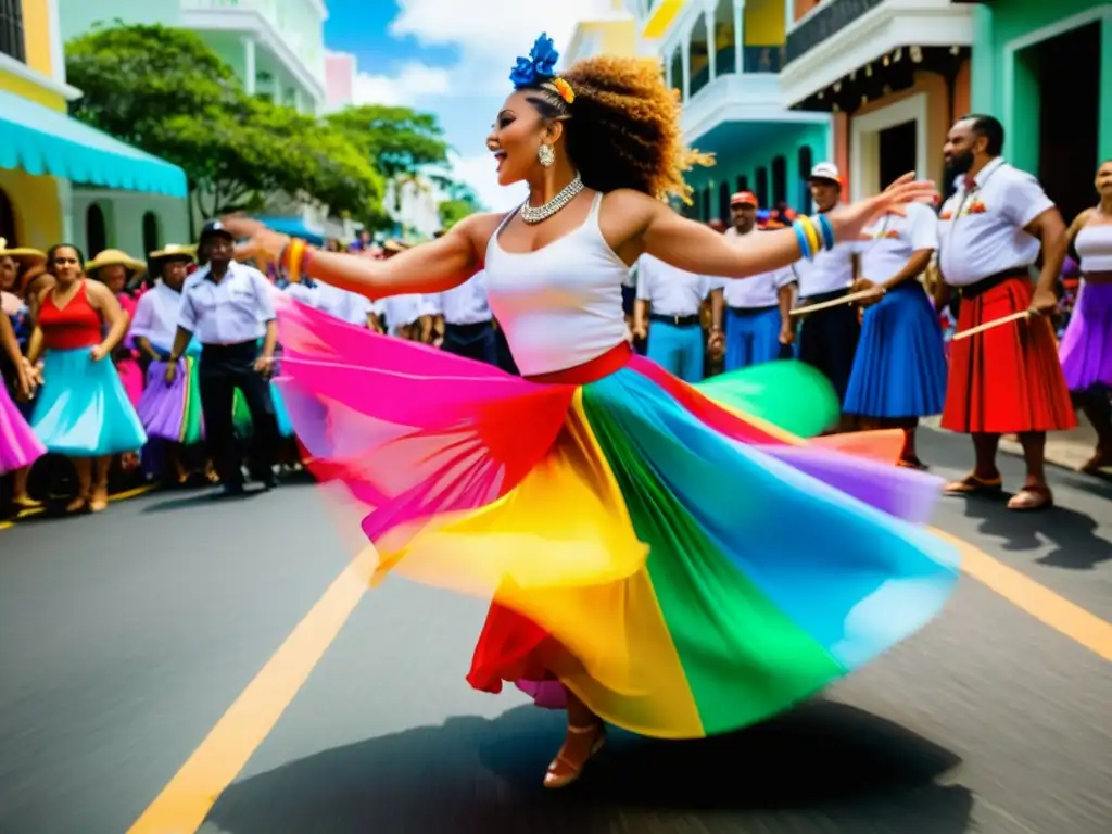 Una bailarina de Bomba Puertorriqueña con su falda colorida, danzando al ritmo de los tambores en una calle vibrante y soleada