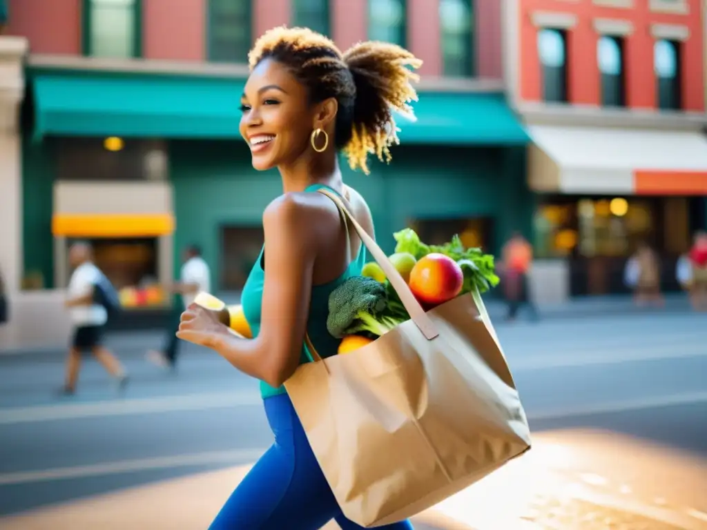 Una bailarina en la bulliciosa ciudad, llevando con gracia una bolsa reutilizable llena de alimentos frescos