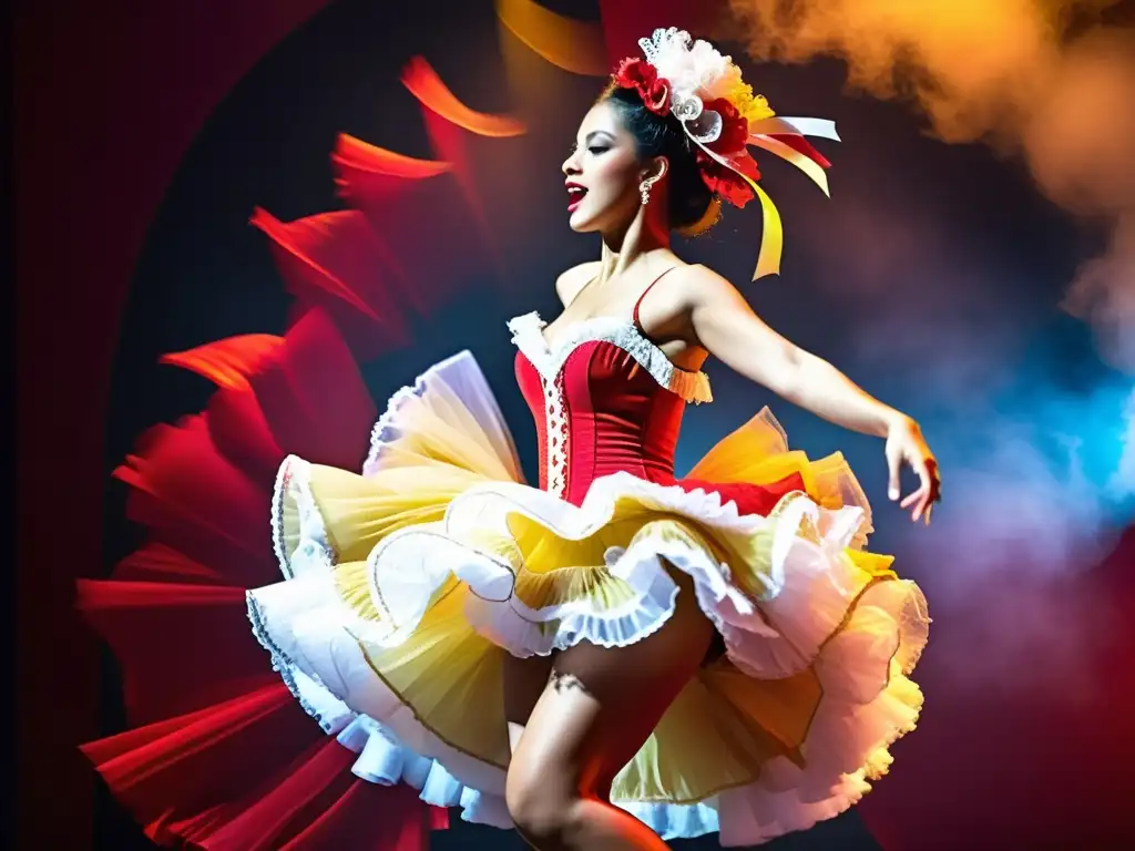 Una bailarina de cancan deslumbrante en un vestido vibrante y lleno de volantes y encaje, en una pose dinámica y llena de energía