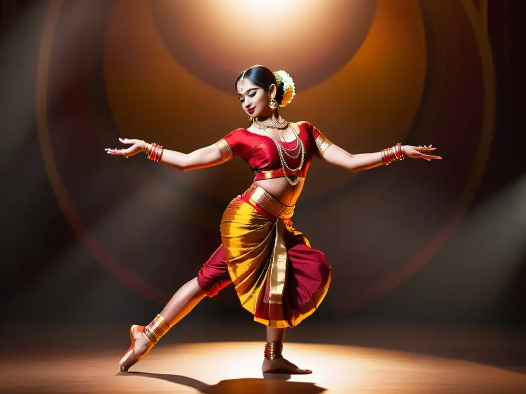 Una bailarina de Bharatanatyam en un cautivador espectáculo, mostrando la historia evolutiva del Bharatanatyam indio con gracia y expresión