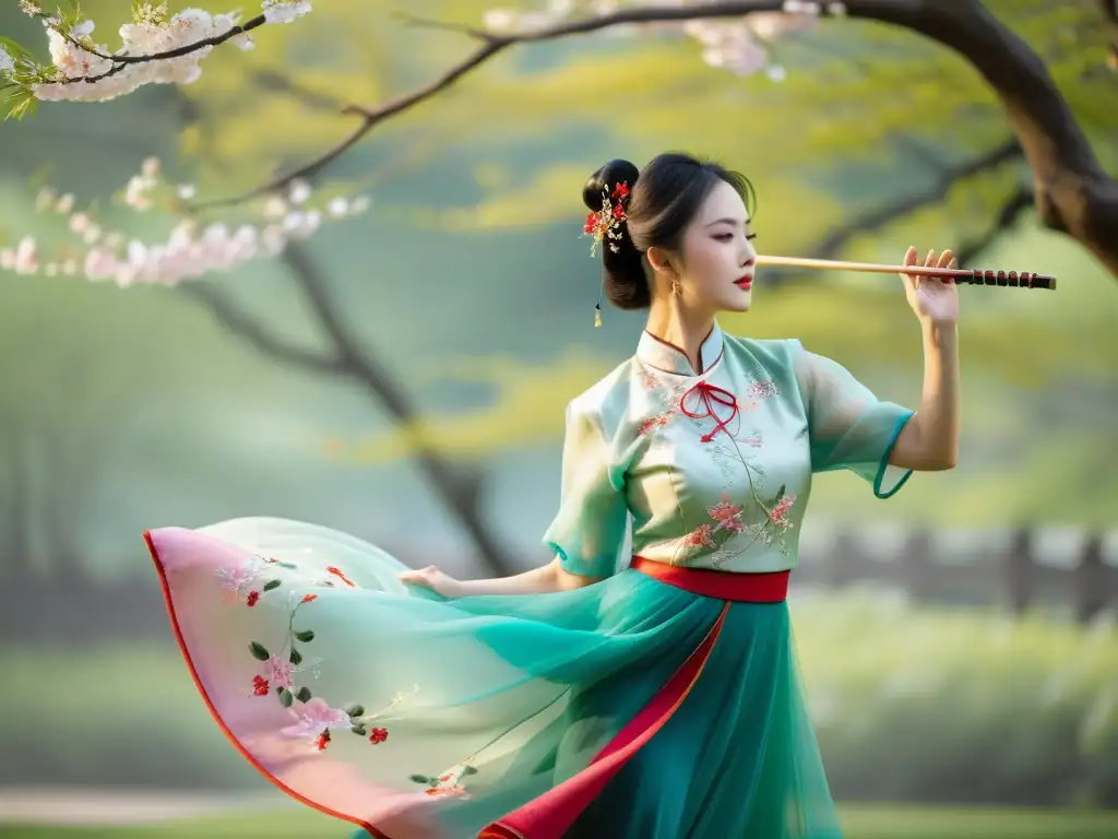 Una bailarina china tradicional con erhu, envuelta en un qipao vibrante, danza entre los cerezos en flor