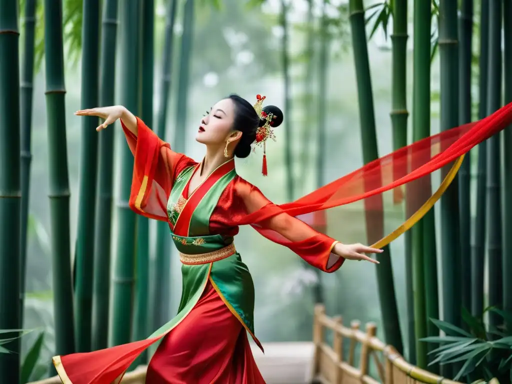 Una bailarina china en traje rojo, rodeada de bambú, evoca la gracia y significado cultural de la danza clásica china