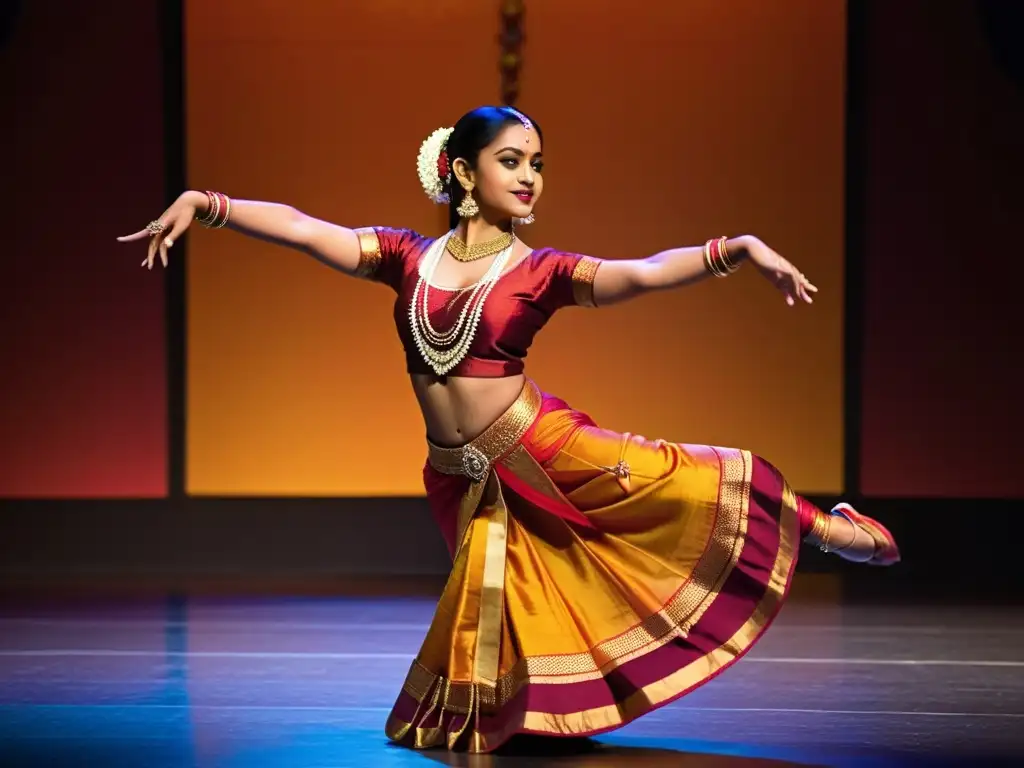 Una bailarina clásica india deslumbra con su danza Bharatanatyam, capturando la esencia de la música clásica india danzas cinematográficas en un elegante escenario