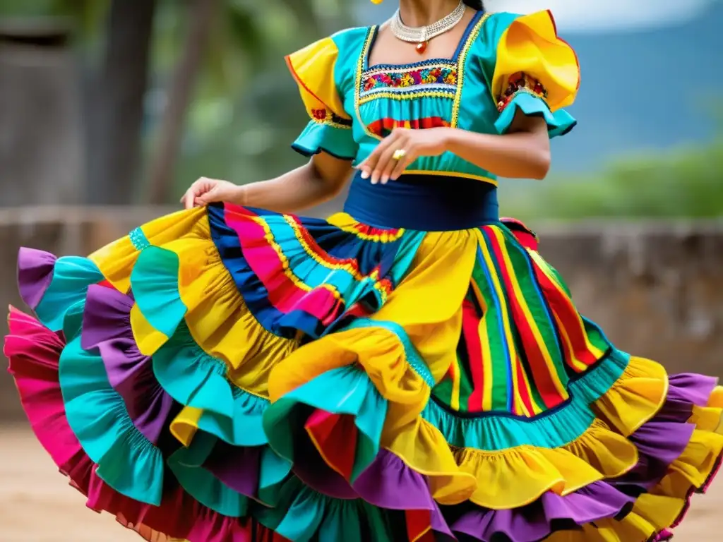 Una bailarina colombiana con traje tradicional representativo de Colombia, capturando la pasión y alegría de la cultura