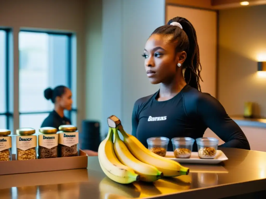 Una bailarina se prepara con comidas preescenario para bailarines en una habitación cálida, rodeada de barras de energía, plátanos y botellas de agua