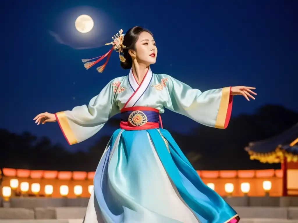 Una bailarina coreana en festival, danza con gracia bajo la luna, su hanbok vibrante y la atmósfera de leyendas antiguas