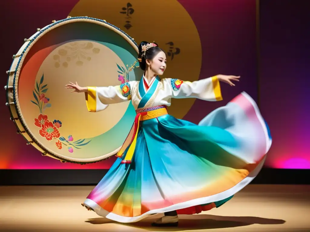 Baile tradicional coreano con hanbok y janggu Una bailarina coreana viste un hanbok colorido y ejecuta la danza del tambor Janggu con gracia y precisión