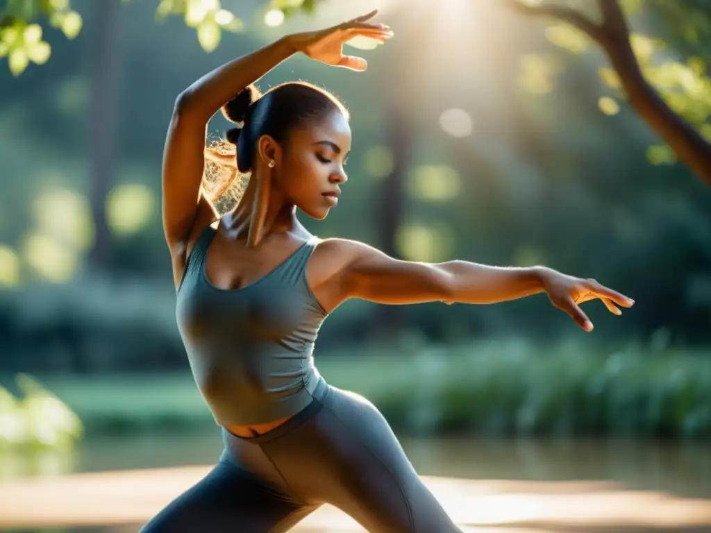 Una bailarina practica una coreografía con intensa concentración en un entorno tranquilo