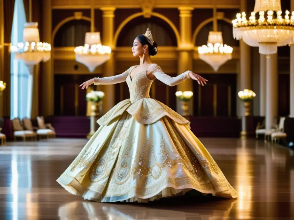 Una bailarina de la corte europea con una exquisita indumentaria danzas cortesanas europeas ejecuta un elegante movimiento en un lujoso salón de baile