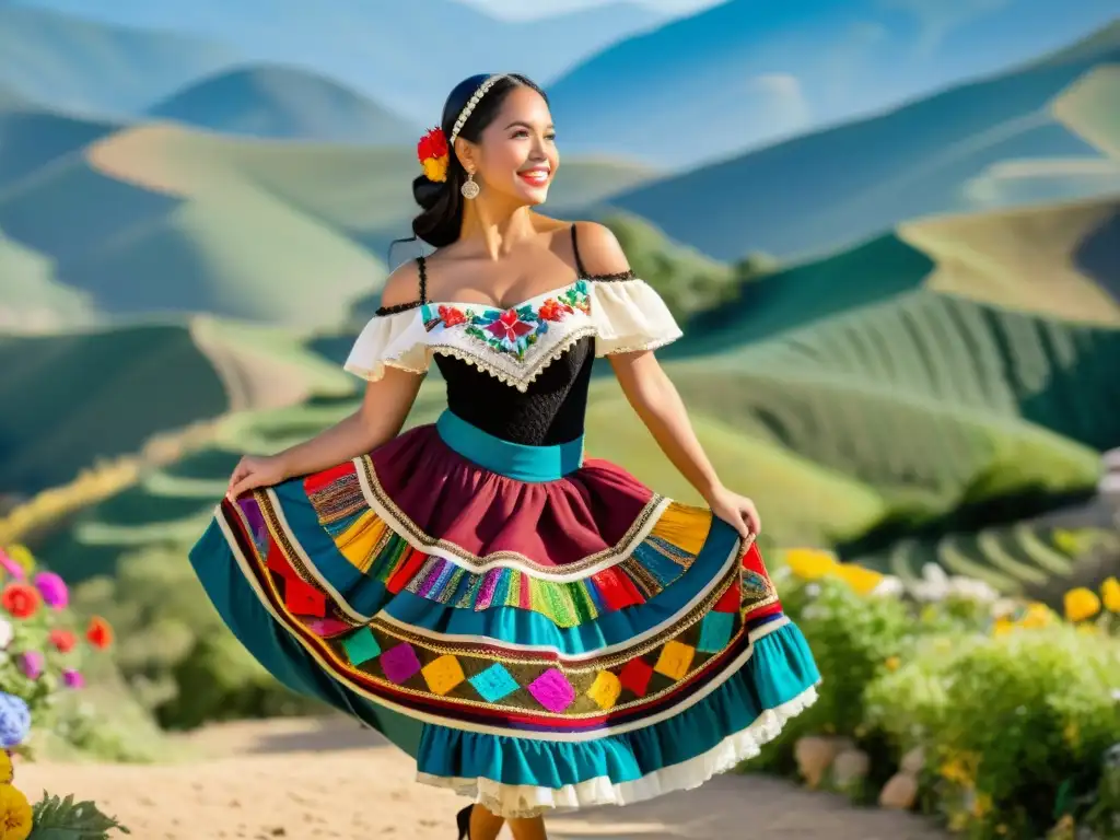 Una bailarina de cueca chilena en traje tradicional, zapateando en un escenario campestre con colores vibrantes y significado cultural