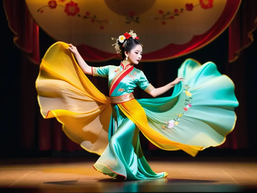 Una bailarina de danza china con flautas de bambú, ejecutando movimientos elegantes en un escenario con sedas y luces dramáticas