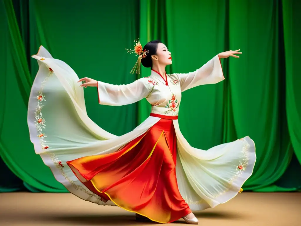 Una bailarina de danza clásica china significado cultural, ejecutando una rutina elegante con trajes de seda vibrantes y elegantes, en un entorno armonioso y culturalmente rico