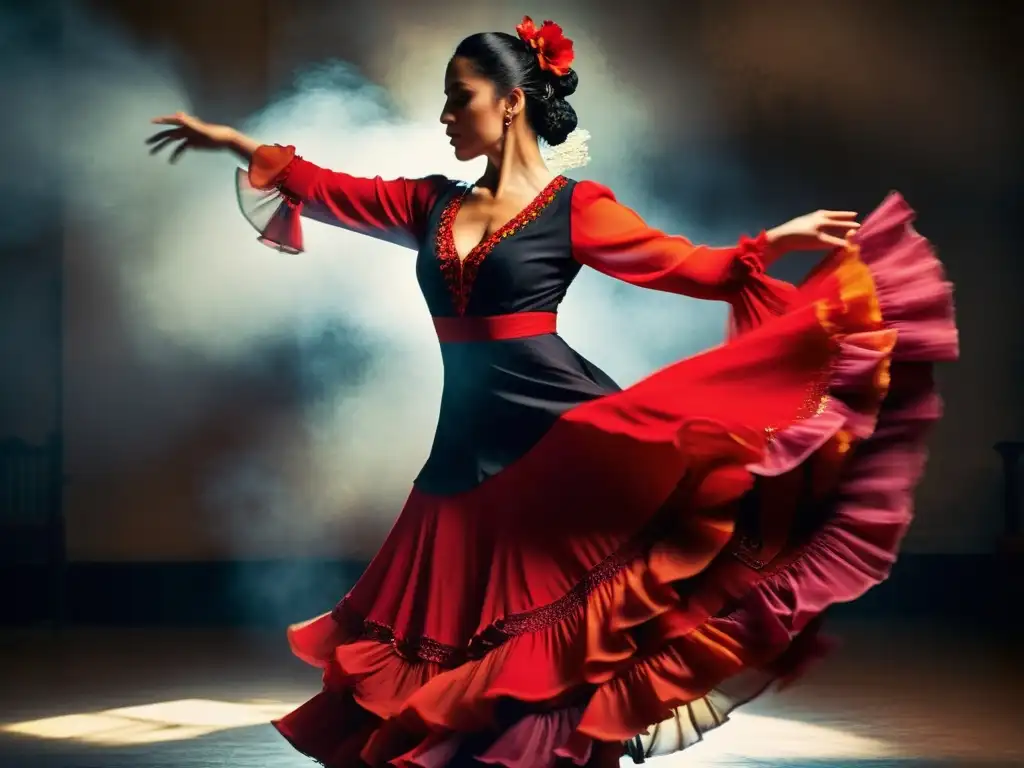 Una bailarina de danza española tradicional, vestida con un traje de flamenco vibrante, ejecuta una pose apasionada y dramática en un ambiente atmosférico y culturalmente auténtico