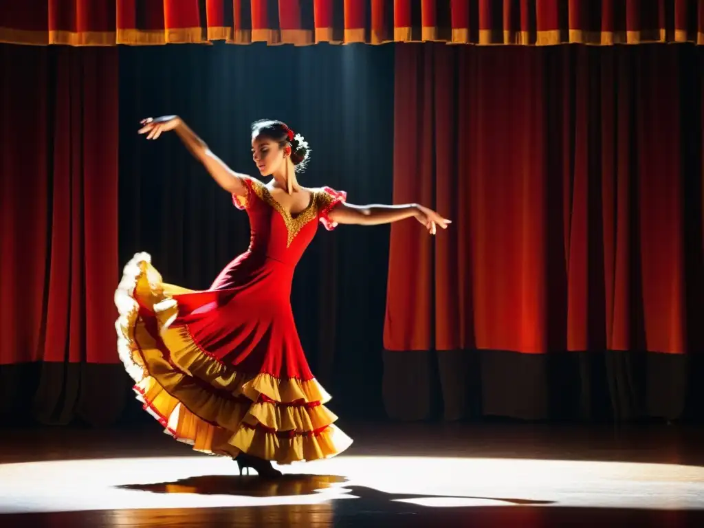 Una bailarina de danza española tradicional en un escenario íntimo y cálido, irradiando pasión y energía con su pose de flamenco