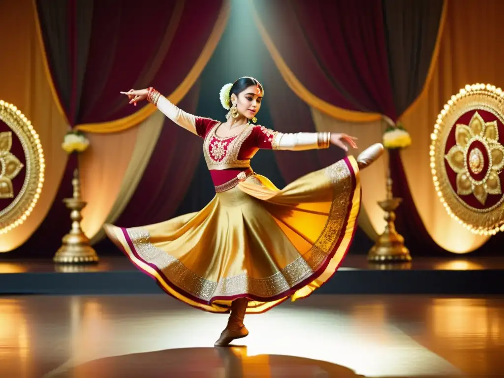 Una bailarina Kathak deslumbra con su danza expresiva y elegante en un escenario grandioso, evocando el significado cultural del Kathak en la India