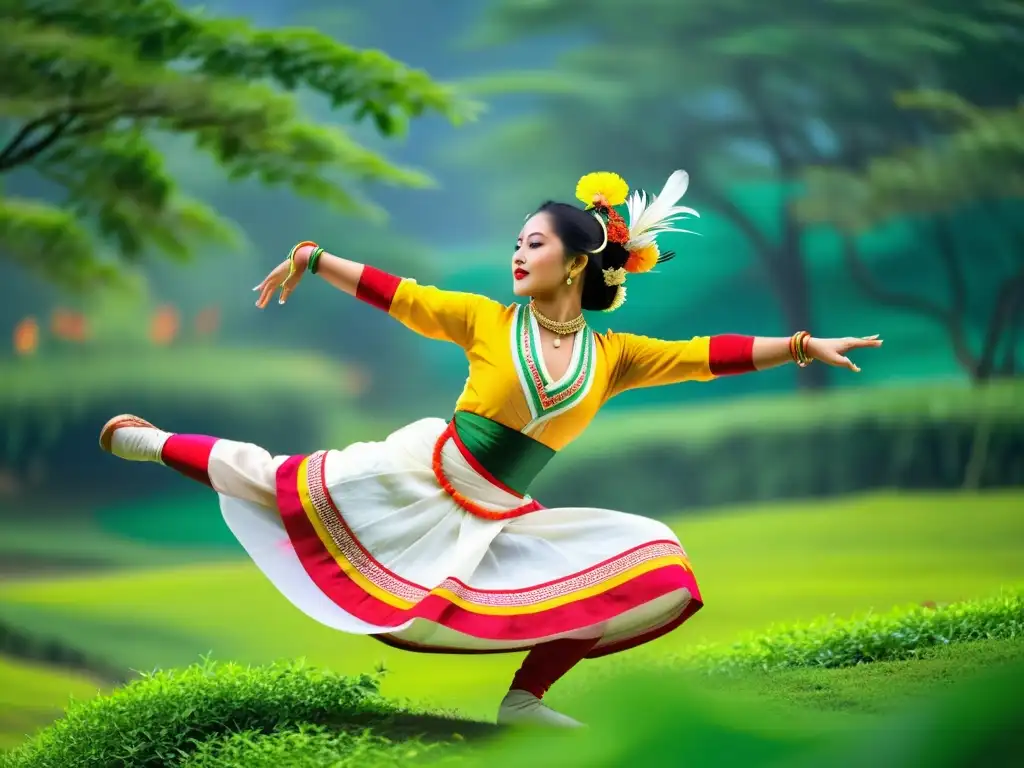 Una bailarina de Manipur danza con gracia y expresividad, vistiendo traje tradicional y rodeada de exuberante vegetación