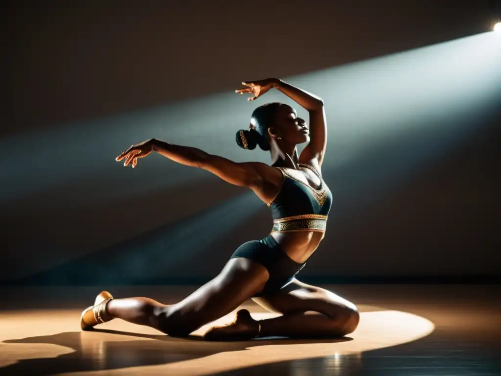 Una bailarina de danza tradicional ejecutando un elegante estiramiento