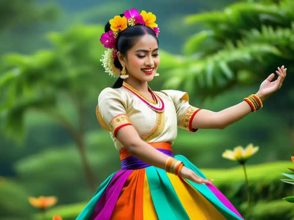 Una bailarina Manipuri danza tradicional India, con movimientos gráciles y vestida con un colorido traje, en medio de exuberante vegetación y flores