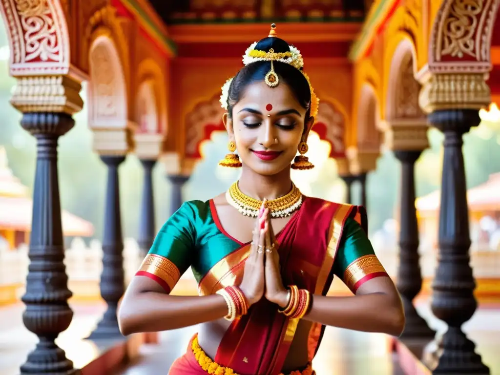 Una bailarina de Bharatanatyam danza tradicional India ejecuta una pose llena de gracia y destreza en un templo adornado