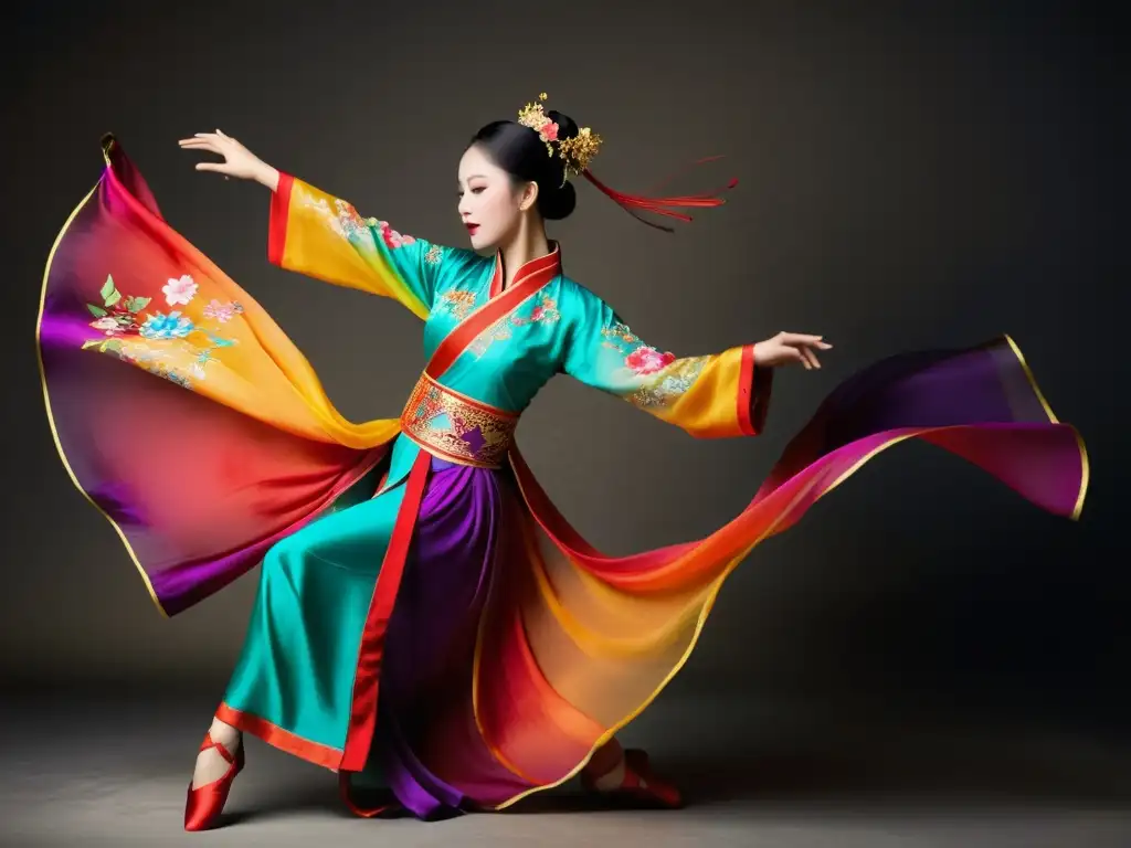 Una bailarina de danzas chinas tradicionales deslumbra con su elegancia oriental en un escenario mágico