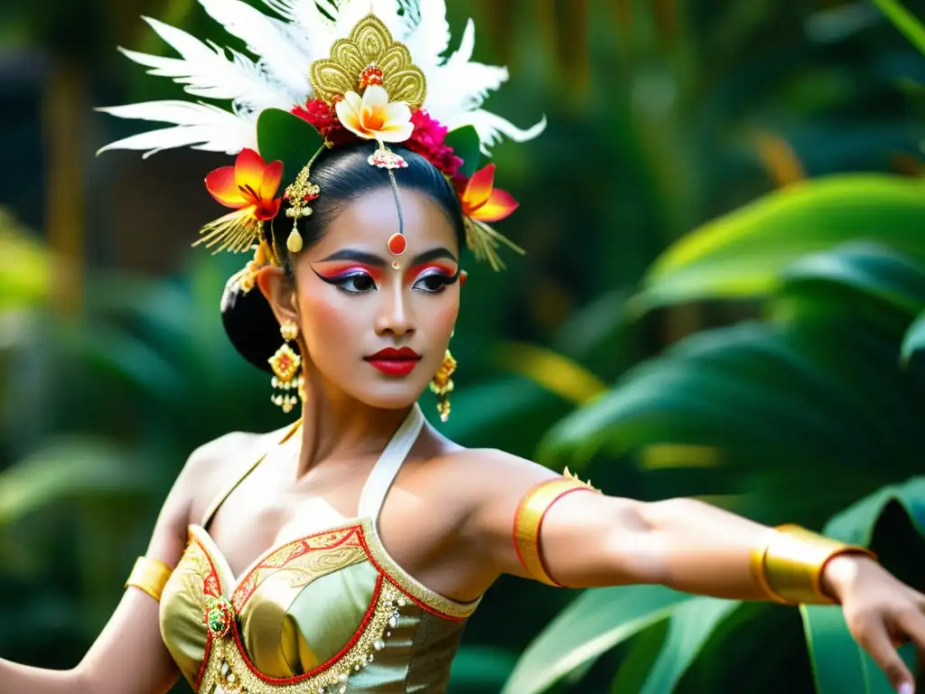 Una bailarina de danzas clásicas de Bali con traje detallado y exuberante, en un jardín tropical