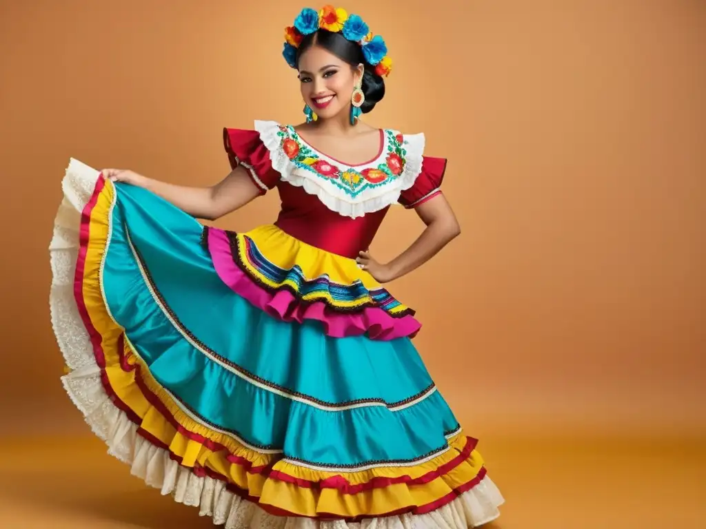 Una bailarina de danzas tradicionales del mundo muestra un traje mexicano vibrante en un mercado bullicioso