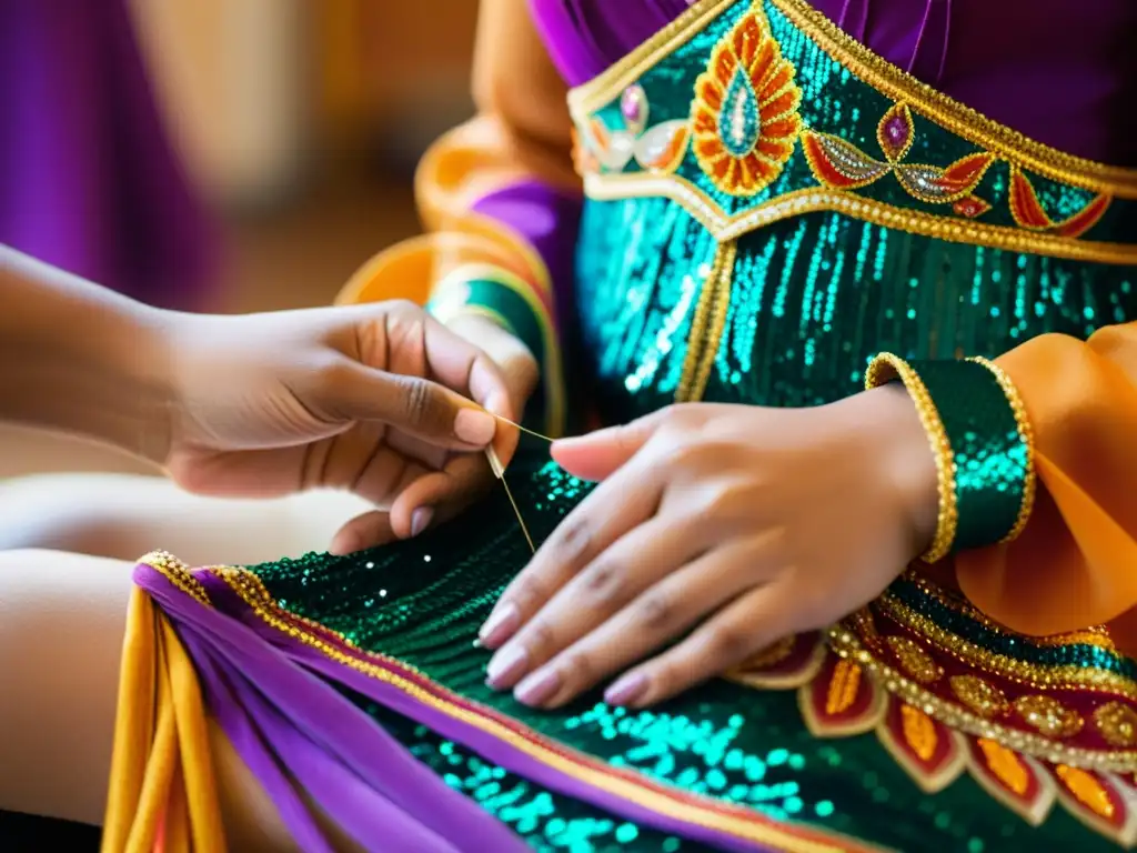 Una bailarina cosiendo con delicadeza lentejuelas en un vibrante traje de danza, mostrando la dedicación en conservar vestuario de danza