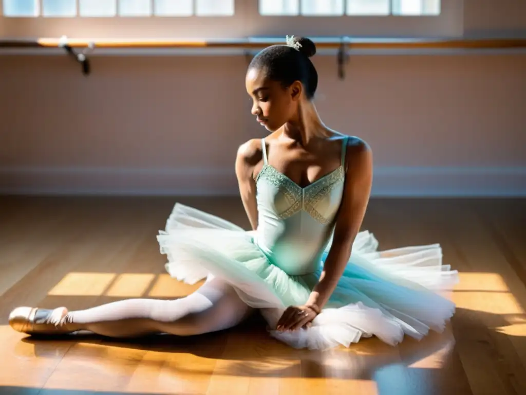 Una bailarina dobla cuidadosamente un delicado tutú en un estudio soleado, mostrando los detalles de la tela y la costura