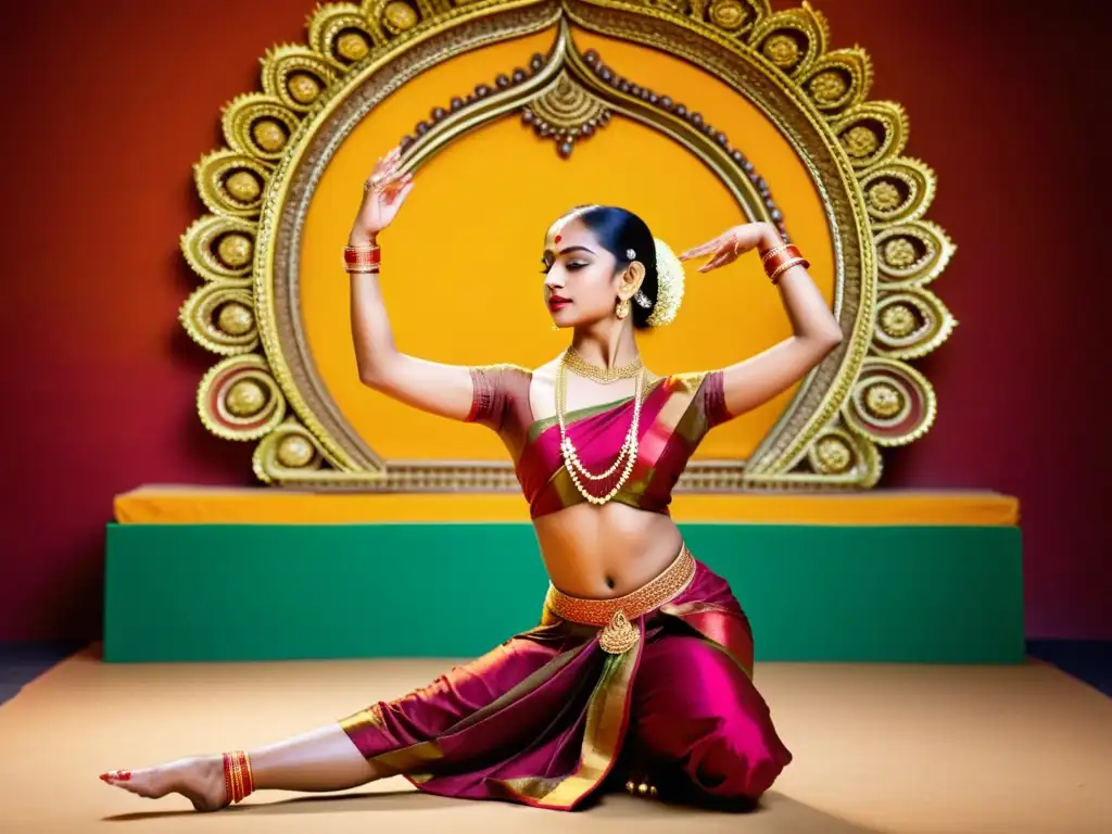 Una bailarina de Bharatanatyam muestra elegancia y expresión en un vibrante escenario, capturando la esencia de la danza clásica India