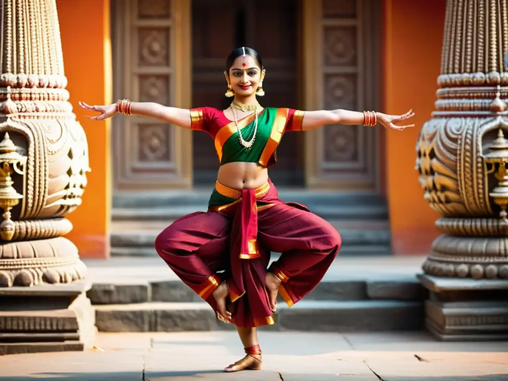 Una bailarina de Bharatanatyam en un elegante atuendo tradicional frente a un templo clásico del sur de la India