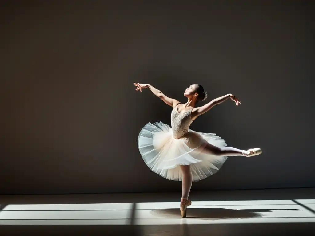 Una bailarina elegante en un escenario iluminado, con un tutú delicado