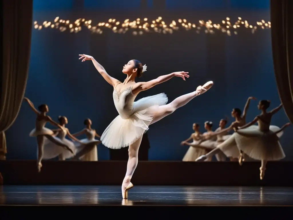 Una bailarina elegante irradia gracia y belleza en el escenario, capturando la influencia de la danza en moda con su espléndido baile clásico