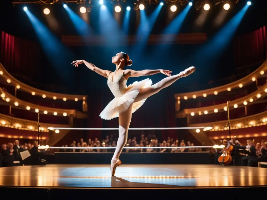 Bailarina en el escenario con músicos y público cautivados, creando una atmósfera épica