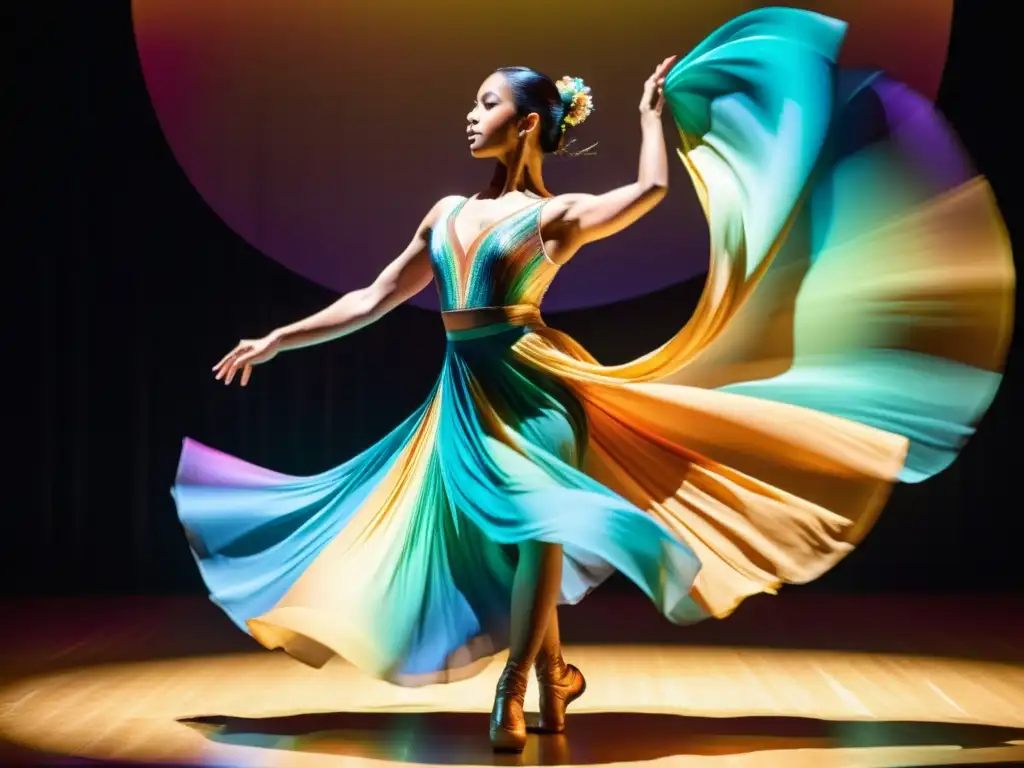 Una bailarina en el escenario con un vestuario de telas inteligentes en un deslumbrante espectáculo de colores y movimientos