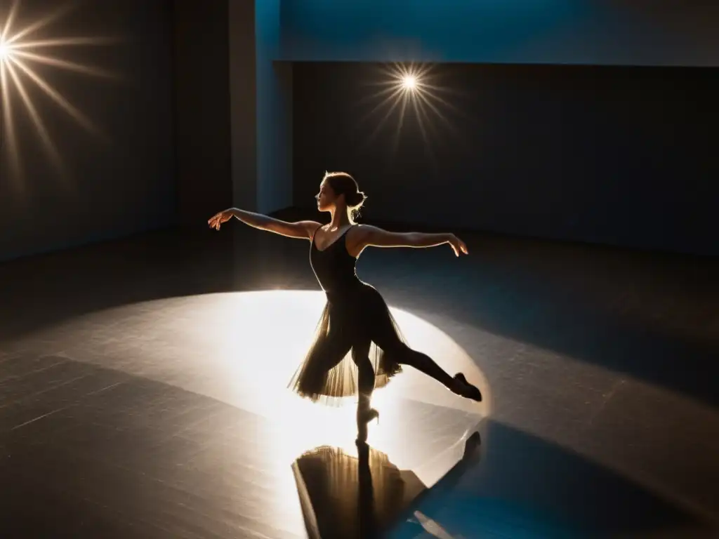 Una bailarina en un estudio de baile iluminado dramáticamente