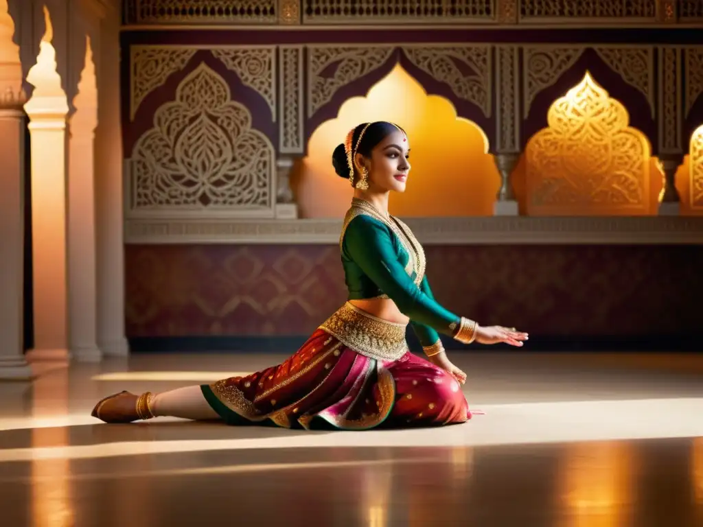 Una bailarina de Kathak en un estudio de danza clásica india Kathak técnica, mostrando elegancia y serenidad en su expresión y postura