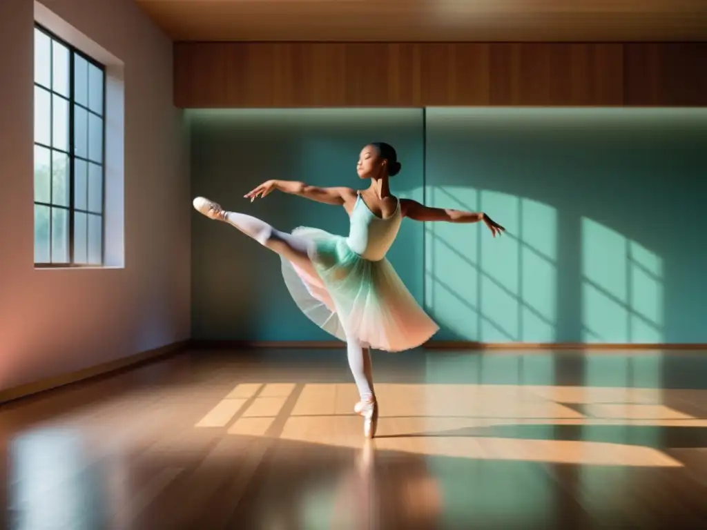 Una bailarina en un estudio iluminado por luz natural, fusionando danza y serenidad para los beneficios de la danza para mindfulness