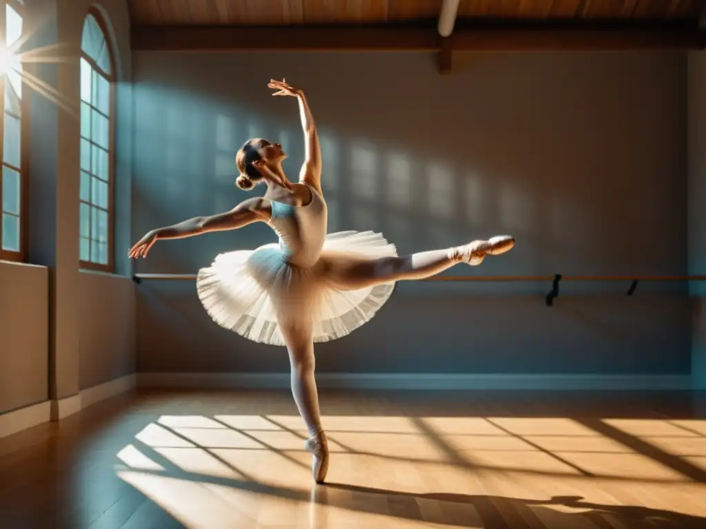 Una bailarina ejecuta un grand jeté en un estudio soleado, destacando la gracia del ballet clásico