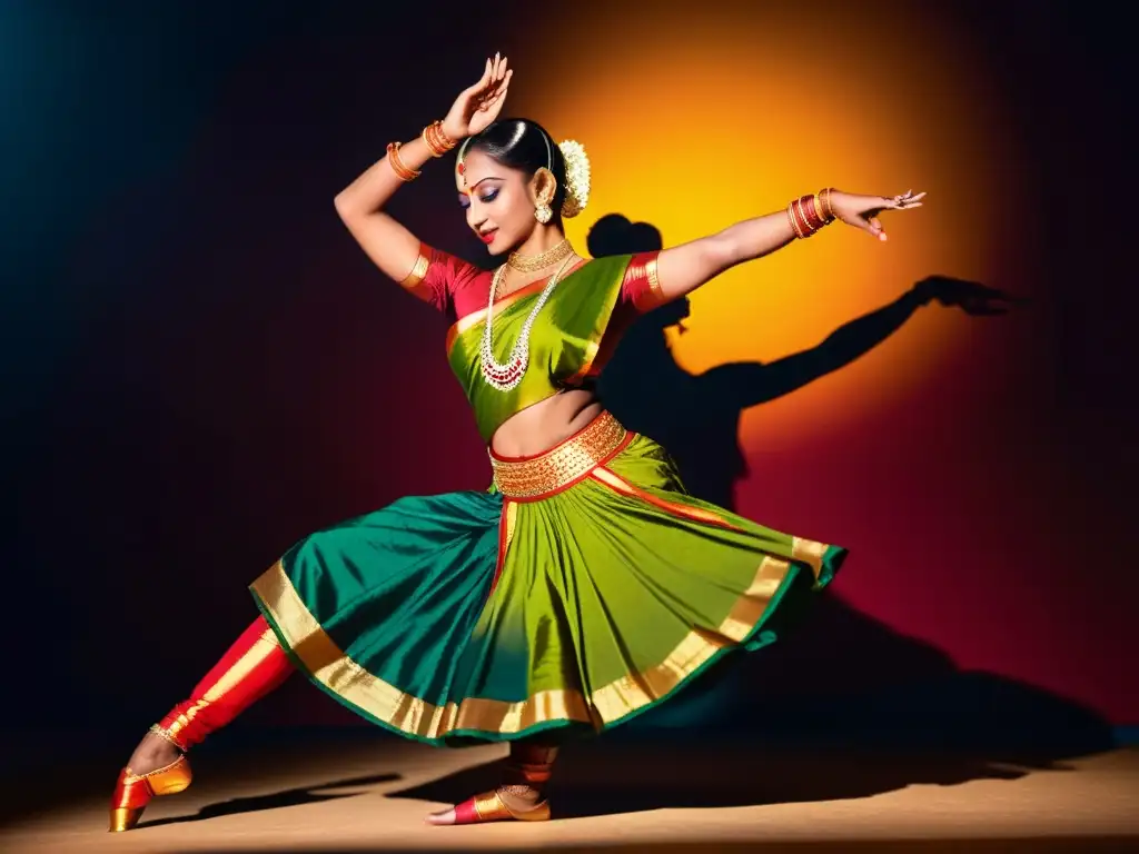 Una bailarina de Bharatanatyam, con expresivos ojos y elegantes gestos, envuelta en colores vibrantes y luces dinámicas