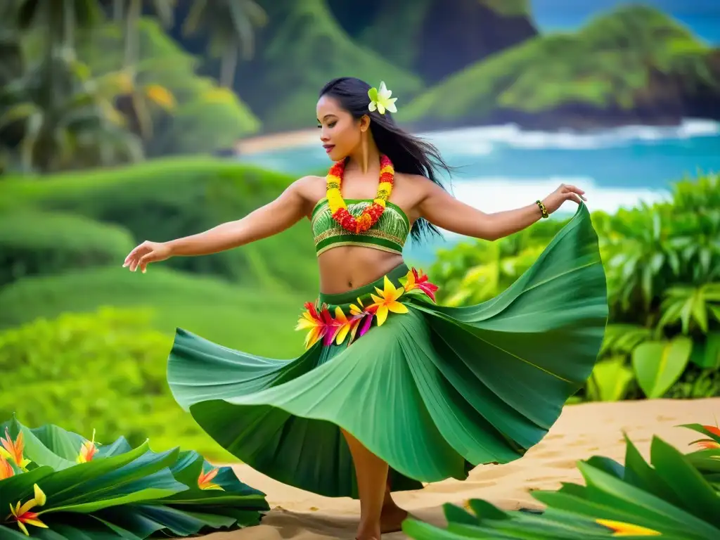 Una bailarina con falda de hojas verdes y flores tropicales realiza el hula en un paisaje hawaiano exuberante