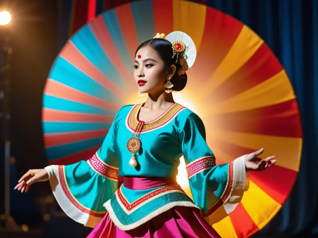 Una bailarina filipina tradicional danza con un conjunto de gongs Kulintang en el fondo, exudando orgullo cultural y expresión artística en su danza