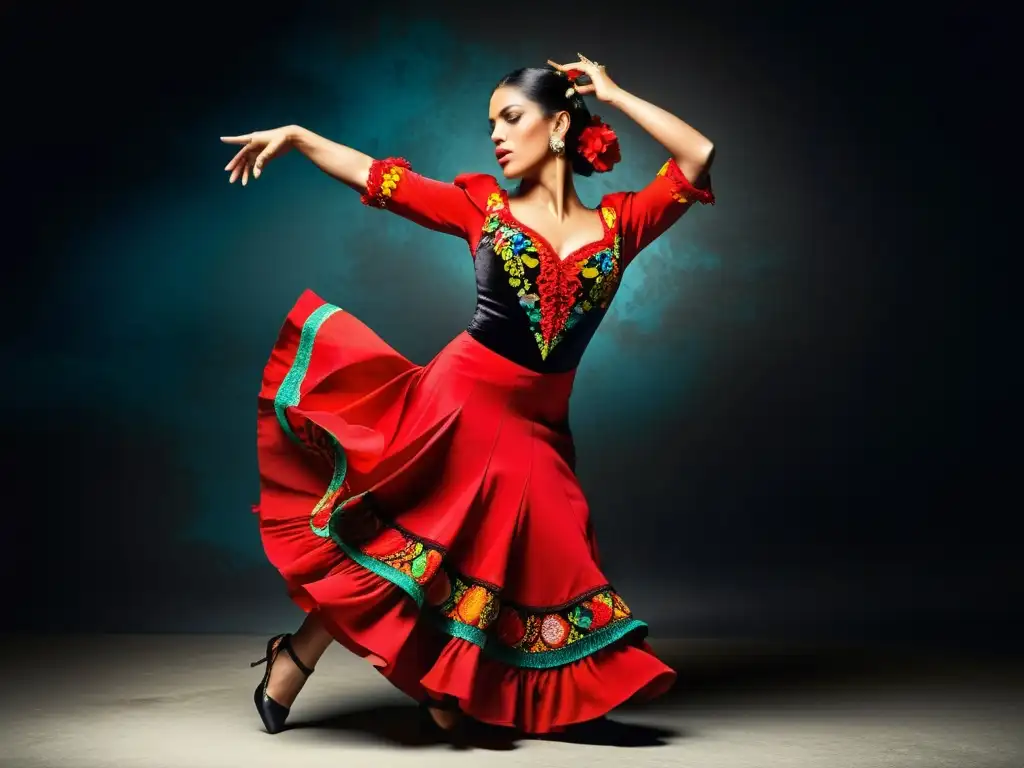 Una bailarina de flamenco apasionada en traje vibrante, con expresión feroz y pose poderosa, evocando el significado cultural del flamenco gitano